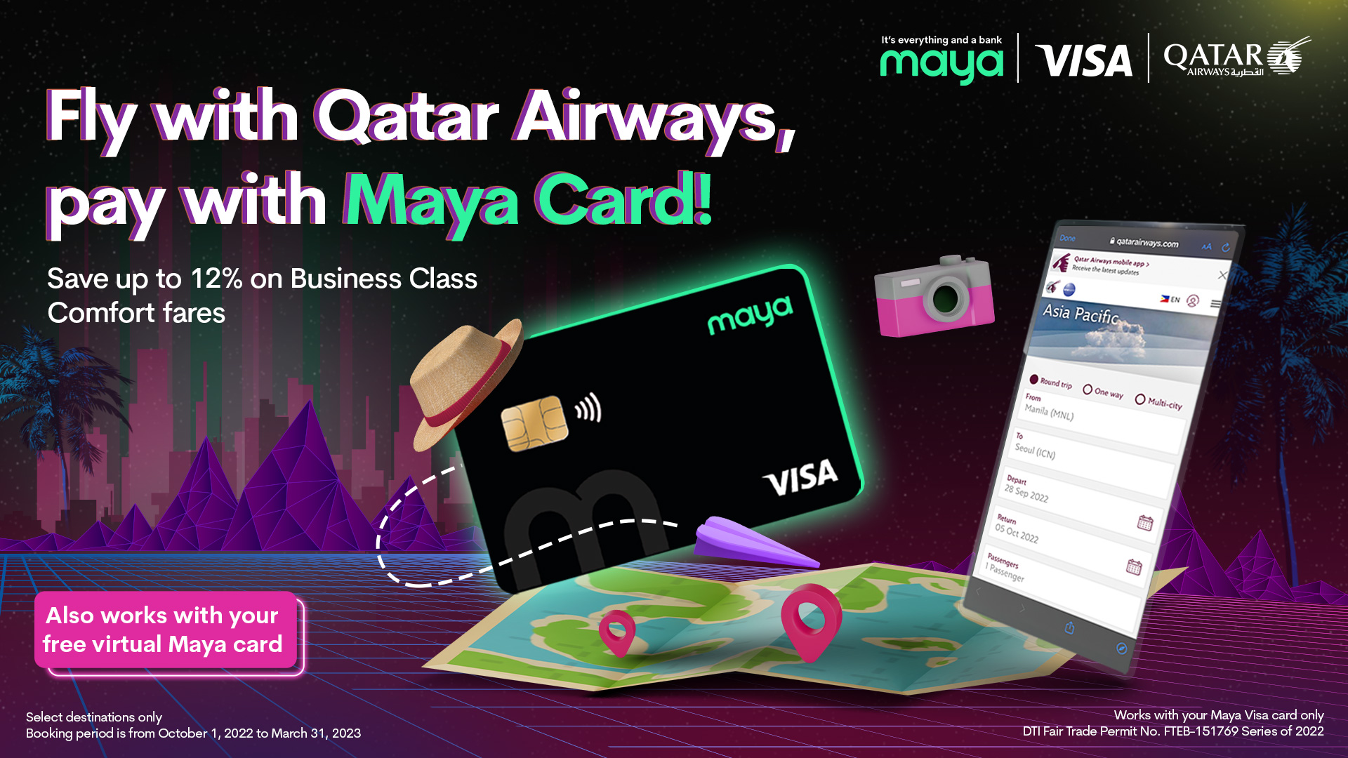 Save up to 12 OFF on Qatar Airways using your Maya Visa card!